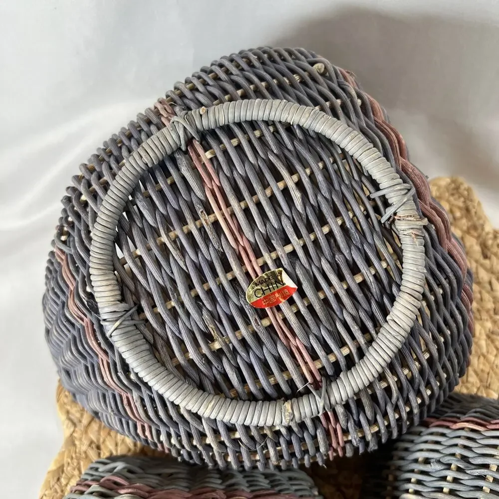 Vintage 80s Heart Wicker Nesting Baskets Set 3 Country Blue Mauve Cottage Decor